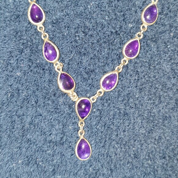 Vintage Victorian 10ct Natural Amethyst Cabochon 925 Sterling Silver Necklace - Picture 9 of 12